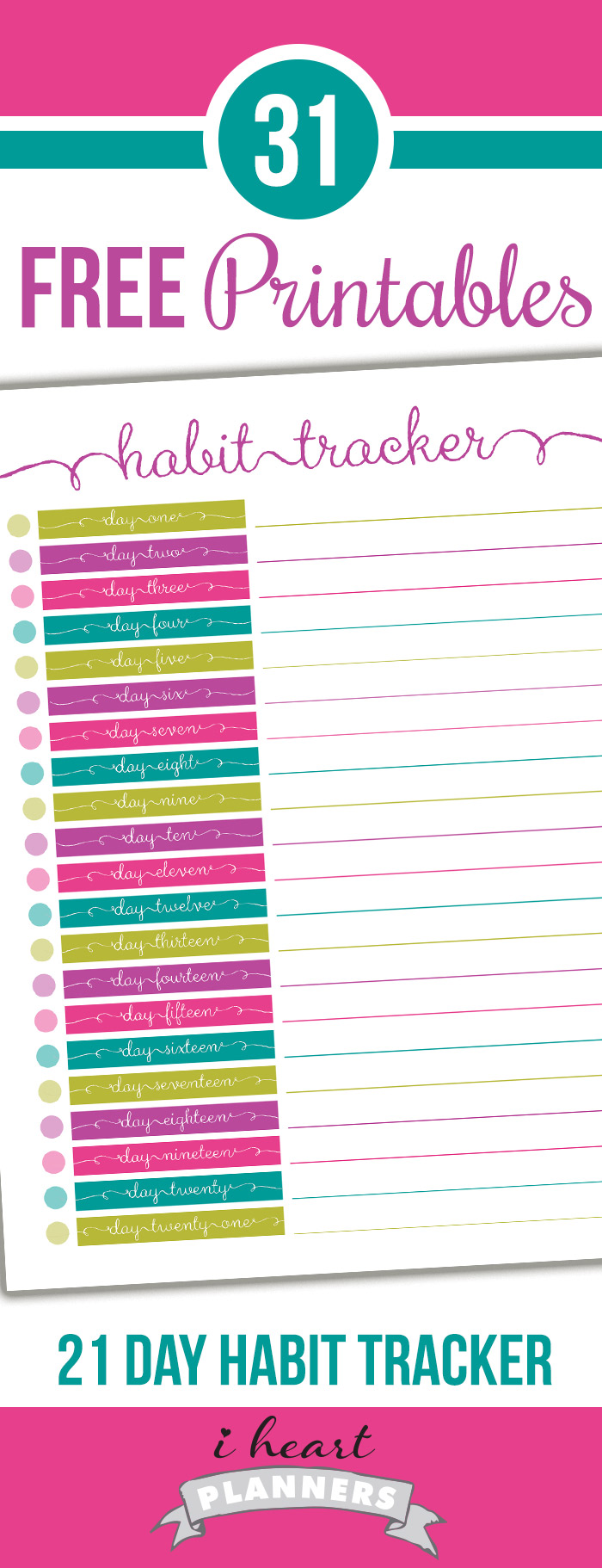 FREE 21 Day Habit Tracker printable! You can use this to track any habit like exercise, eating well, drinking water, cleaning, etc.
