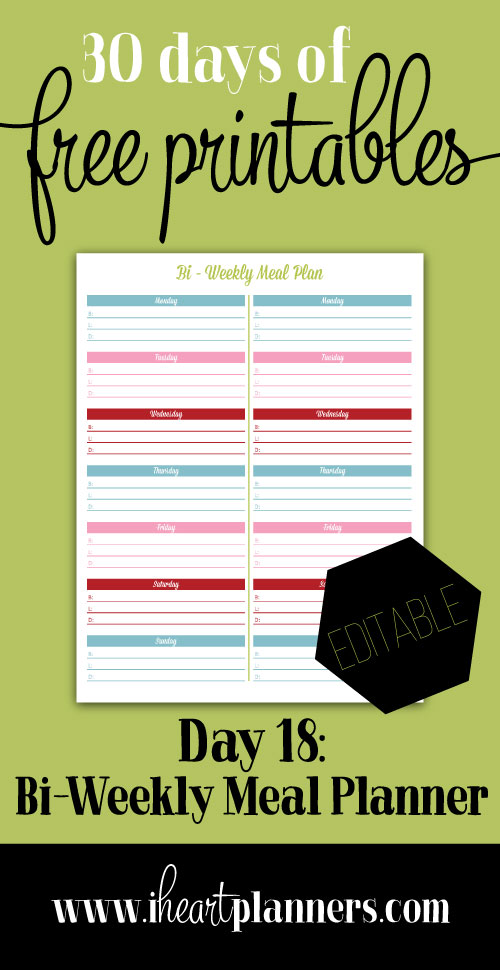 Day 18 - Editable Bi-Weekly Meal Planner - Free Printables - Planners - Meal Planning
