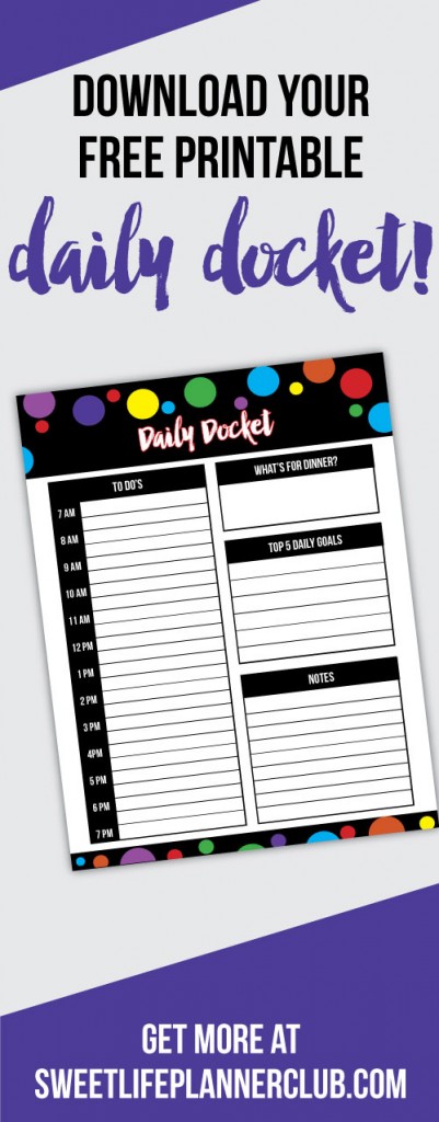 Free printable daily docket! This full page daily planning printable will help you stay focused each day plus it's bright and cheerful. If you want an entire planner and various planning kits (like budgeting, meal planning, master lists, and more), you'll find details about how to get more when you click!