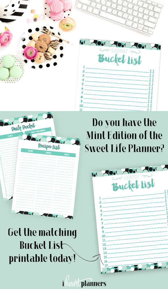 Free Bucket List Printable that matches the Mint Edition of the Sweet Life Planner. Have fun and document your summer memories with this free printable. 