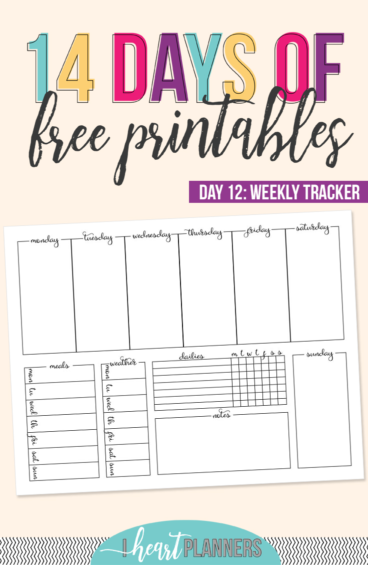 I created this one page weekly tracker layout. It packs a lot of information on this single page in more of a bullet journal style. Then you can use vibrant pens and pretty stickers to decorate. Find this and other free printables at getorganizedhq.com