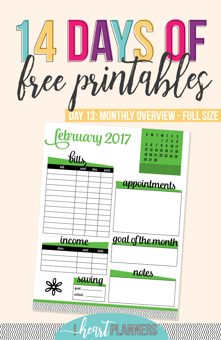 Today's printable is a request from Madalyn. She wanted a monthly overview with a few certain components on it. This printable is specifically for February 2017, but if I get enough requests, I'll definitely add future months to the club. Don't miss this and other free printables at getorganizedhq.com