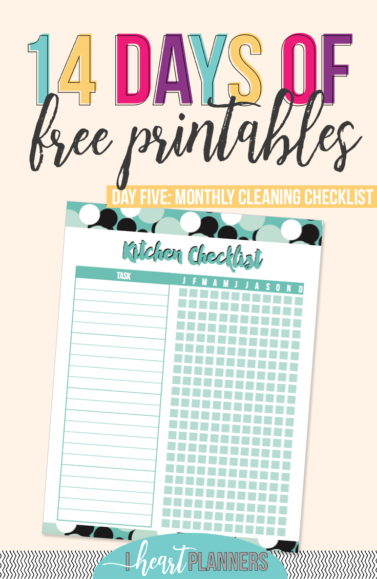 Welcome to day 5 of 14 days of free printables! Today’s printable is a full size kitchen cleaning checklist for tasks that need to be done monthly. You can write down all the tasks that need to be done each month, and check them off as you complete them. Find this and 13 other FREE printable at www.getorganizedhq.com